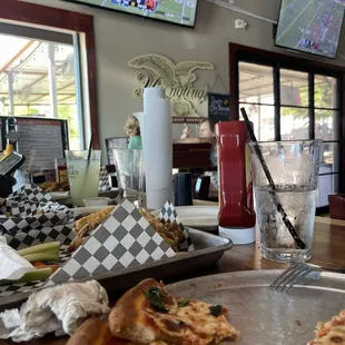 Pizza, fried pickles, wings, lemonade