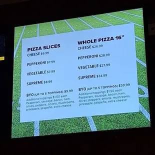 Pizza menu
