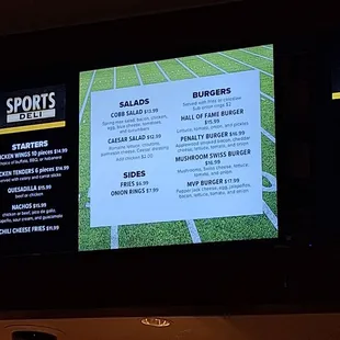 Salads and burgers menu