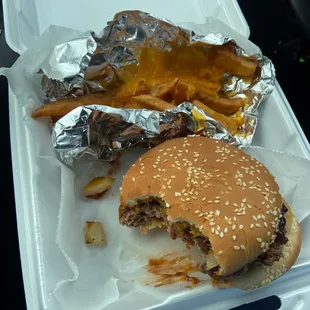 a hamburger and french fries