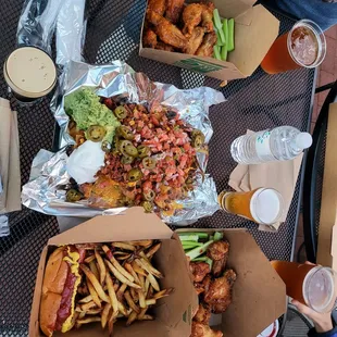 Chili Cheese Nachos, Hotdog and fries, Buffalo and Sweet and Spicy Wings