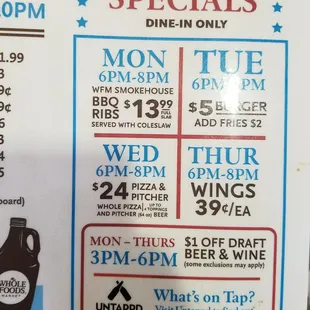 These are the daily food specials as of March 2018