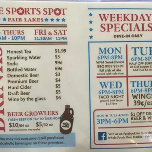 Back of the menu