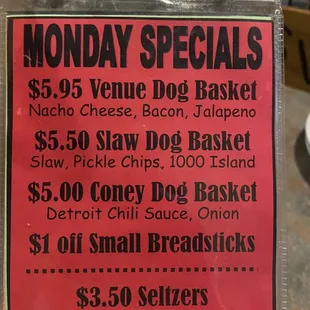 a menu for the holiday specials