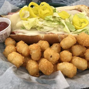 Italian sub with tatertots.