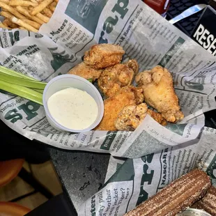 Fries, wings, churros