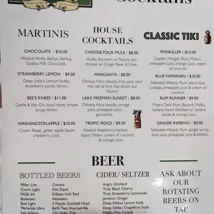 Cocktail and beer menu