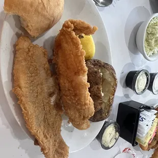 Fried Cod, baked Potato, bread