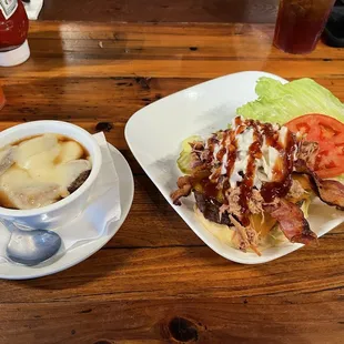 BBQ Burger and French onion soup.