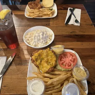 Chicken sandwich, fries, white cheddar mac and cheese