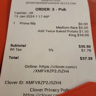 Very reasonable for a king prime rib dinner and no charge for the drink malfunction
