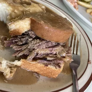 a plate of meat and gravy