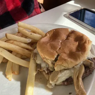 a hamburger and french fries