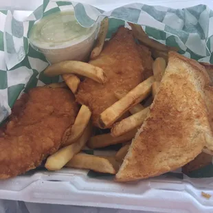 Chicken strips, fries, toast, and coleslaw