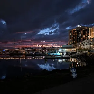a marina at night
