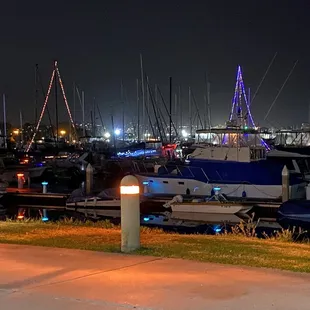 a marina at night