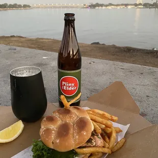 Took my salmon burger and fries across the way to eat with this view