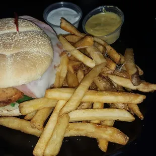 Chicken Cordon Bleu sandwich with fries. So good! Nice and juicy chicken sandwich!