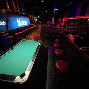a pool table and bar stools