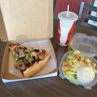 Combination slice &quot;8.0&quot; , a side of Caesar salad  and drink