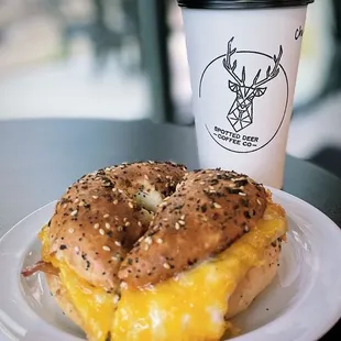 Hot chai tea &amp; Everything Bagel with bacon, egg and cheese