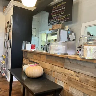 a table with a pumpkin on it