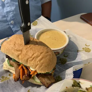 Banh mi and bacon corn soup