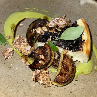 &quot;torta al formaggio&quot;, summer squash, savory granola and herb pesto