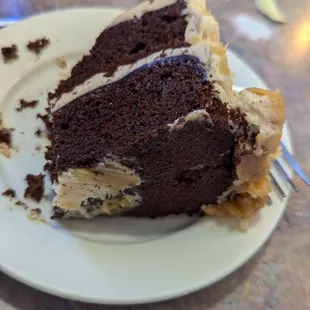 Locally baked chocolate cake with peanut butter icing