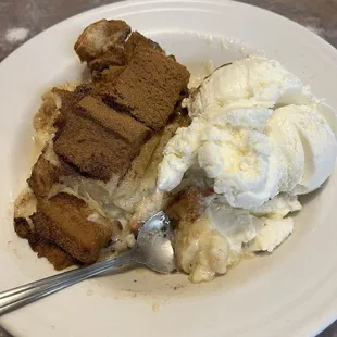 Bread pudding and a scoop of ice cream