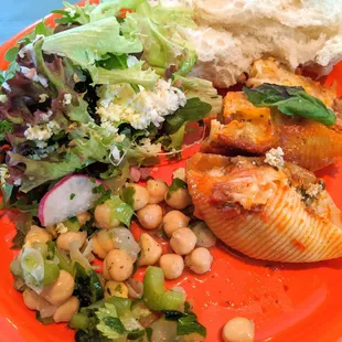 Stuffed shells, Chickpea Salad, Salad, Italian bread.