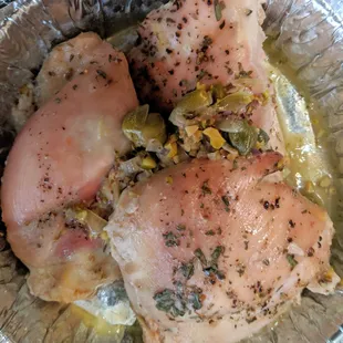 Chicken thighs in a caper, lemon and pistachio sauce
