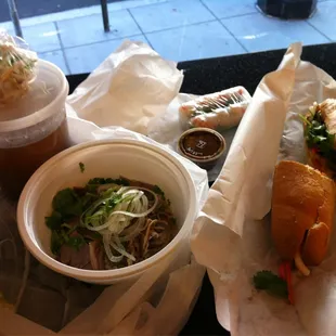 Pho w/full beef options &amp; shrimp chips, shrimp summer rolls, marinated pork belly banh mi.
