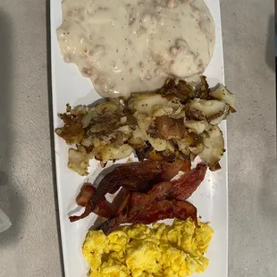 Biscuits &amp; Gravy w/ Bacon and Eggs