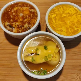 Wonton soup, egg drop soup, and hot sour soup