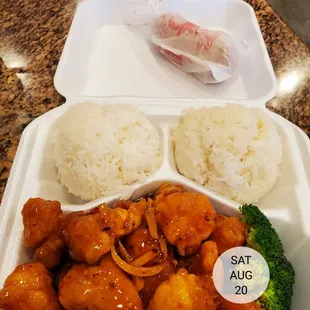 a meal in a styrofoam container