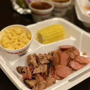 BBQ dinner - brisket, milk sausage, corn plus mac &amp; cheese