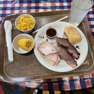 Turkey Breast, marble brisket, corn, Mac and cheese, bread