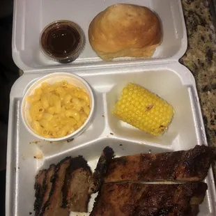 2 meat 2 sides (brisket, baby back ribs, Mac &amp; cheese and corn