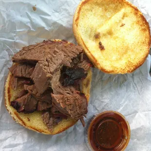 Sliced brisket sandwich