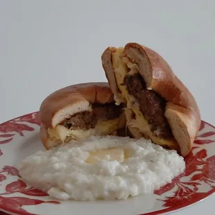 Scrapple egg and cheese on a bagel with grits.