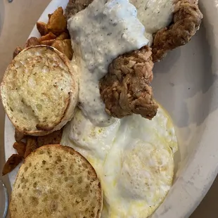 Chicken Fried Steak, two eggs and English muffin