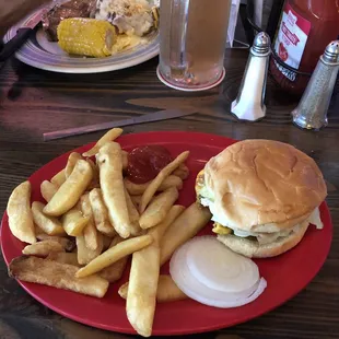 Cheeseburger and steak fries. $7.49.  Bun was very soft (real good) and patty was delicious. Good size.