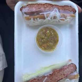 Spring Rollin'. Fried pork sausage spring roll and green chile sauce.  Sausage, daikon, rice noodles, carrots, cucumbers, and lettuce.