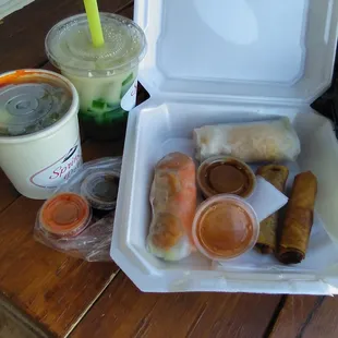 Combo (2 spring rolls, 2 egg rolls + mini pho) and an extra order of lemongrass soy drink! So yum!