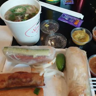 Triple combo- Brisket w/mushroom broth, 1 NM 1 Philly egg roll, 1 pork 1 shrimp spring roll 2-25-24