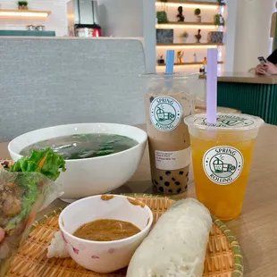 Chicken pho, spring rolls, royal milk tea boba &amp; a fruit tea.