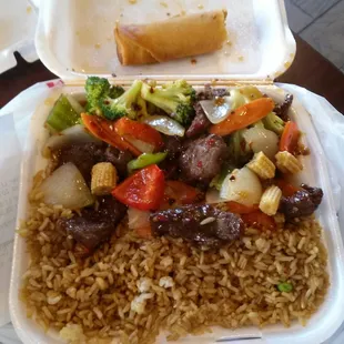 $5:99 lunch special. Good portion! Szechuan beef with rive and spring roll...,tasty!