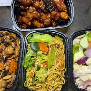 Orange Chicken, Beef and Mushrooms, Vegetable Lo Mein,  and Stir-Fried Szechuan Chicken (requested the sauce on the side)