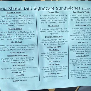 Signature sandwich menu June 2021